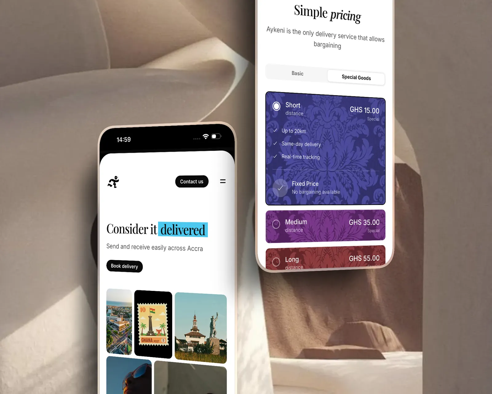 Aykeni app home and pricing screens