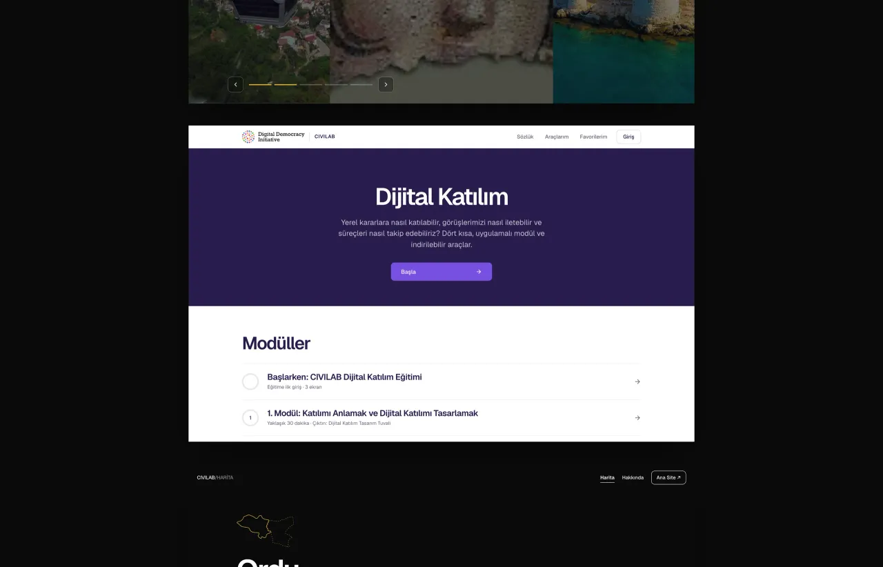 Desktop pages of the site, the portal and the map