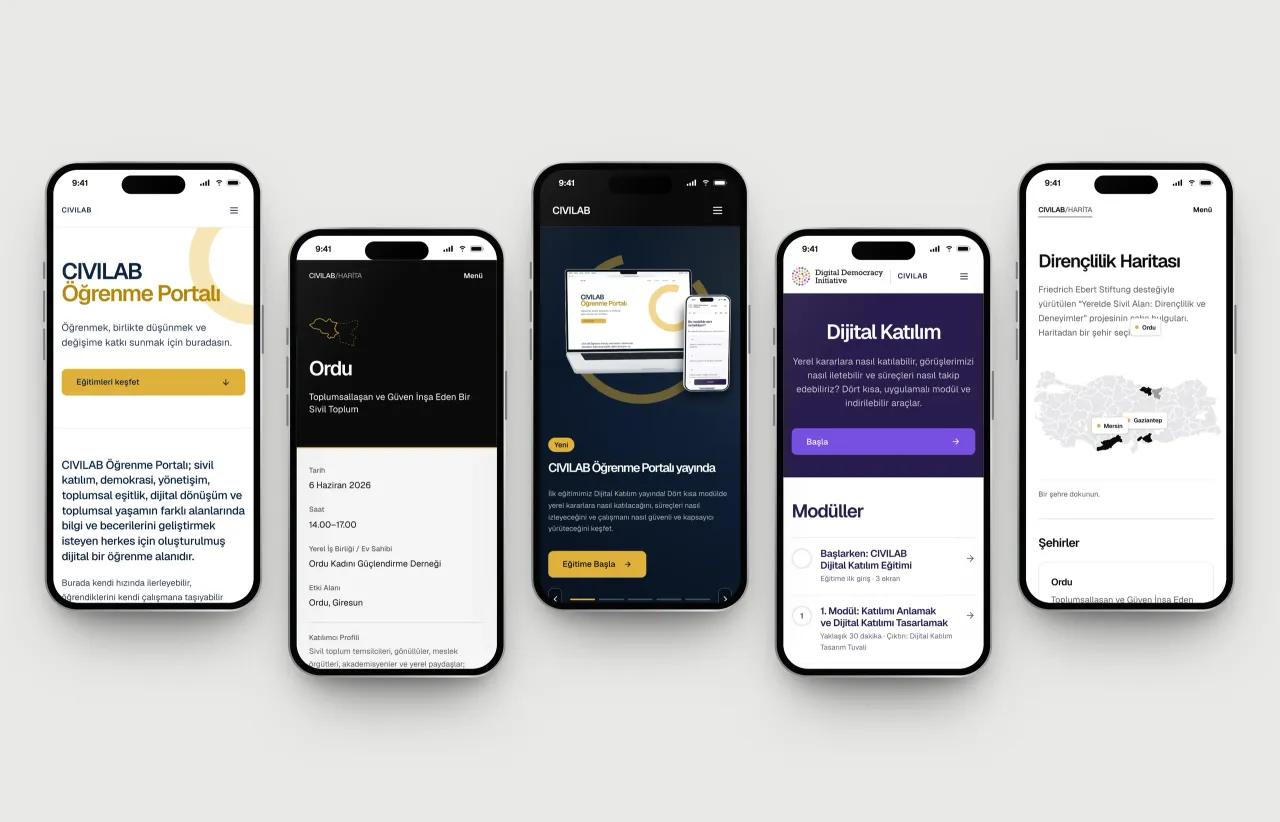 Mobile views of the site, the portal and the map on phones