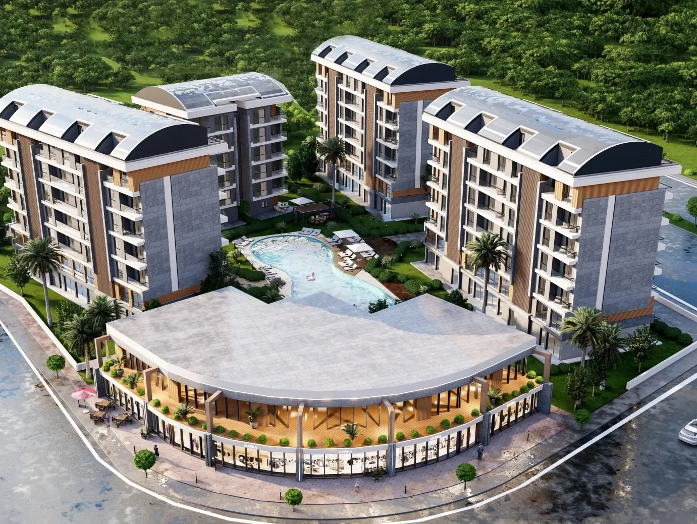 Doğapark courtyard and its four residential blocks