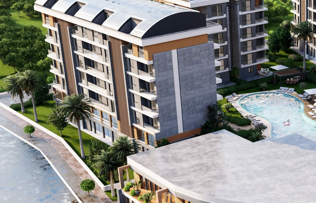 The architectural render from the air: the blocks, the pool courtyard and the streets round them