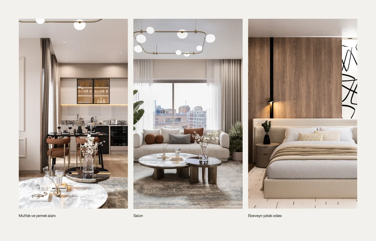 Three renders from inside a flat: the kitchen and dining area, the living room, the main bedroom