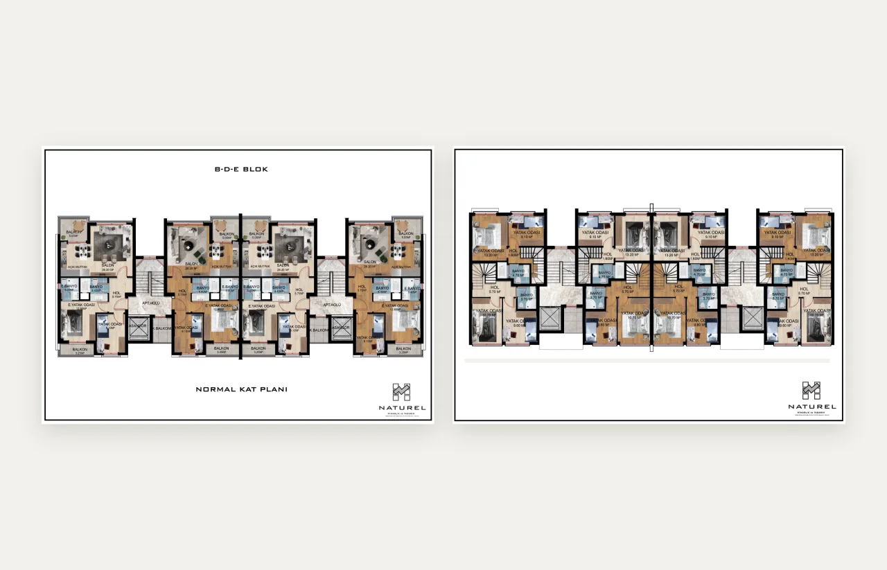 The architect’s floor-plan sheets: the B-D-E blocks’ normal floor and roof floor