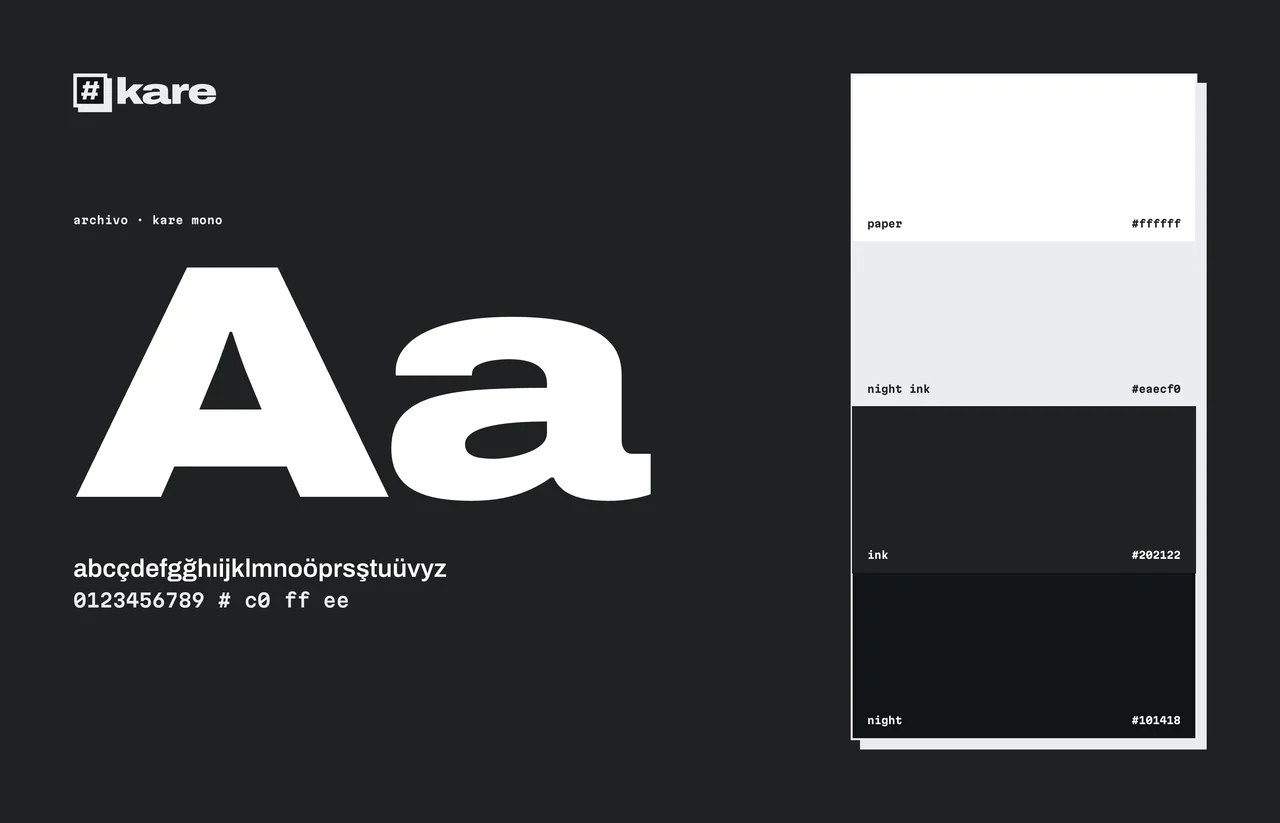 The kare stamp, Archivo and kare mono, the logo’s four colours and colours being read