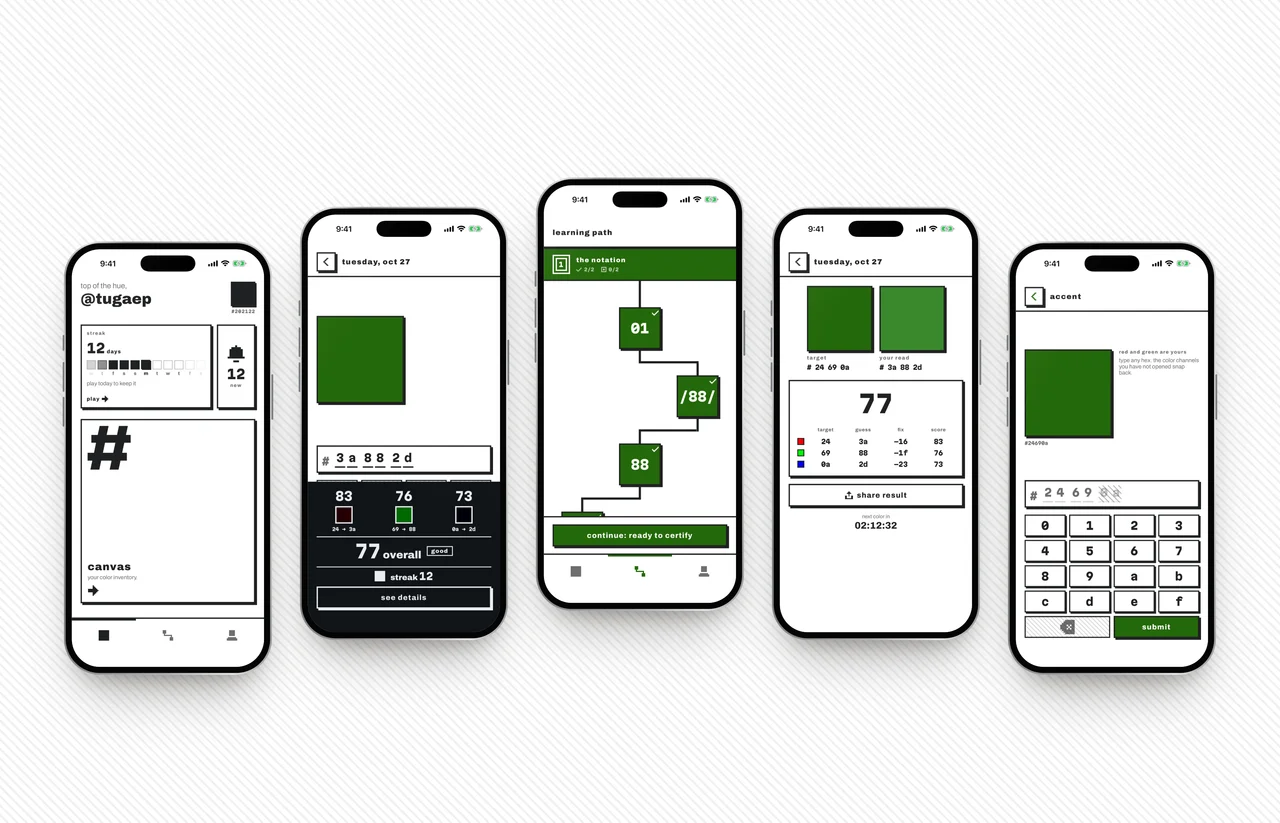 Five iOS screens: home, the daily verdict, the learning path, the read in detail and the accent picker