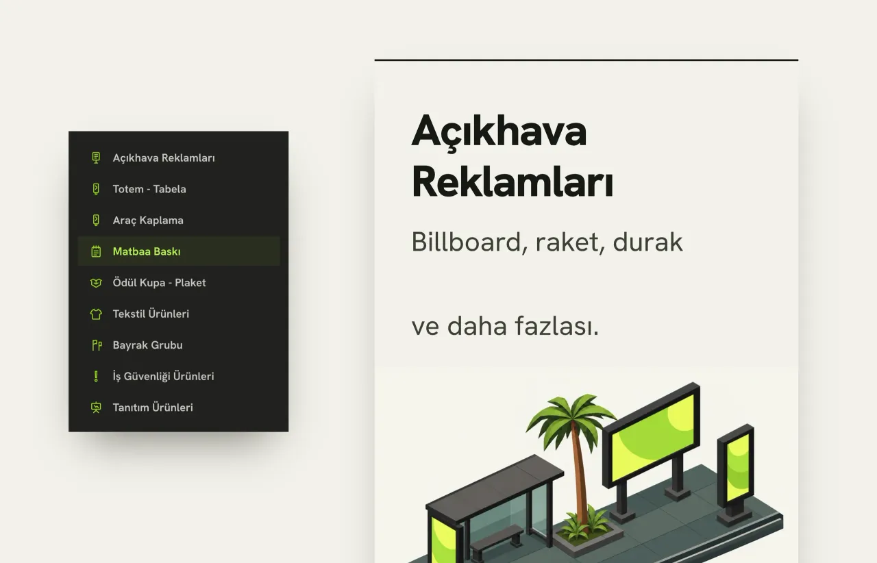 Hizmetler menüsü ve bir katalog kartı yakından