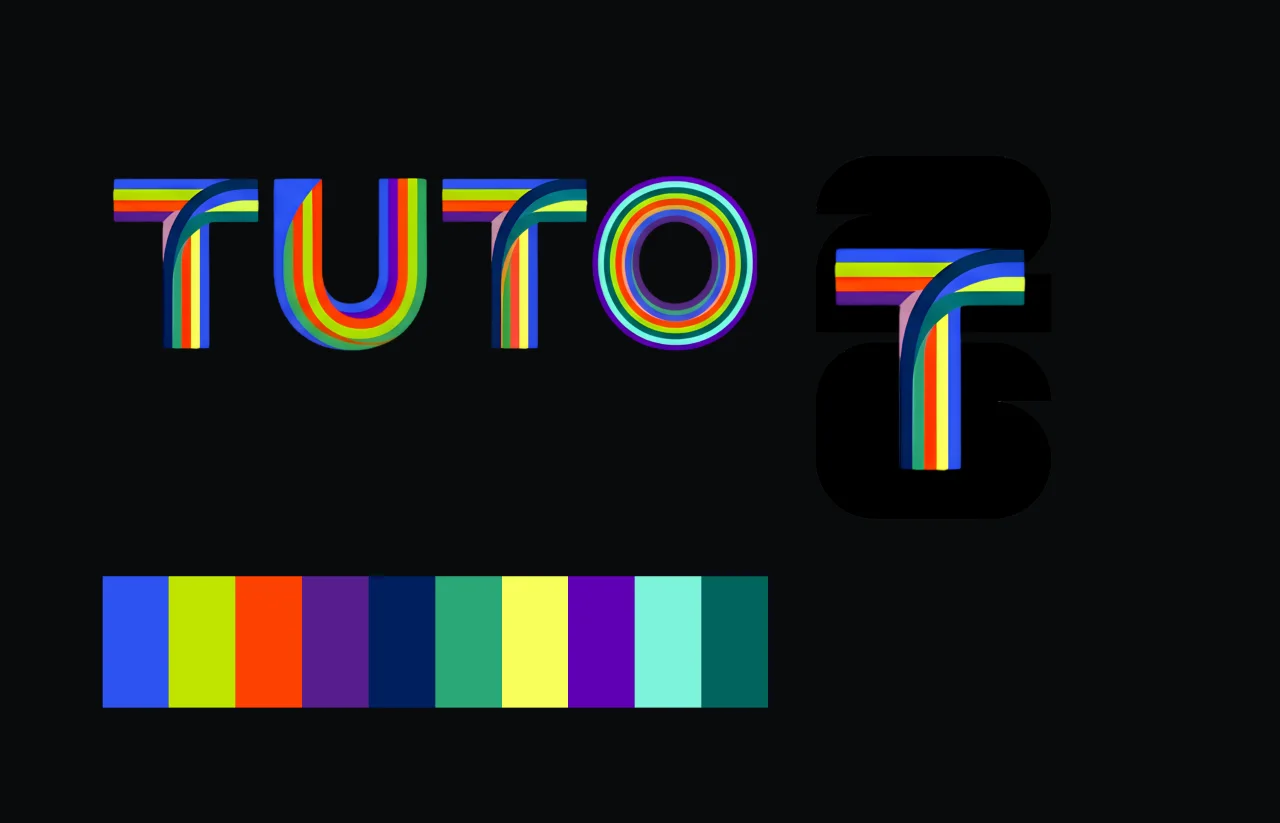 The Tuto identity: the rainbow-striped wordmark, the app icon and the stripes’ colours